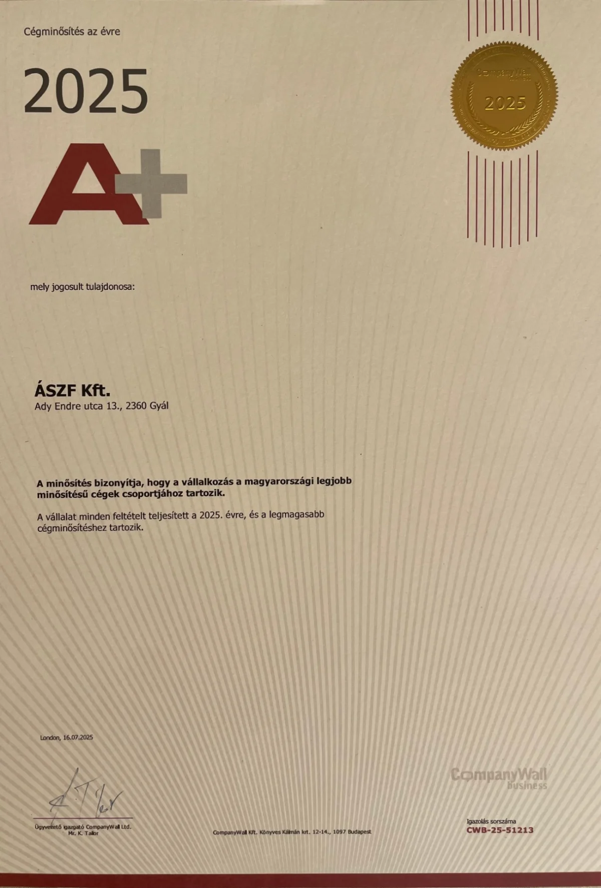 Az ÁSZF Kft. 2025-ös A+ cégminősítési tanúsítványa